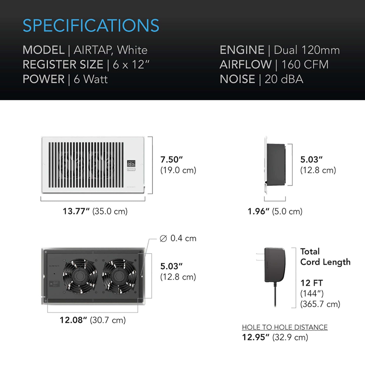 AC Infinity AIRTAP T6, Quiet Register Booster Fan System, White, for 6" x 12" Registers