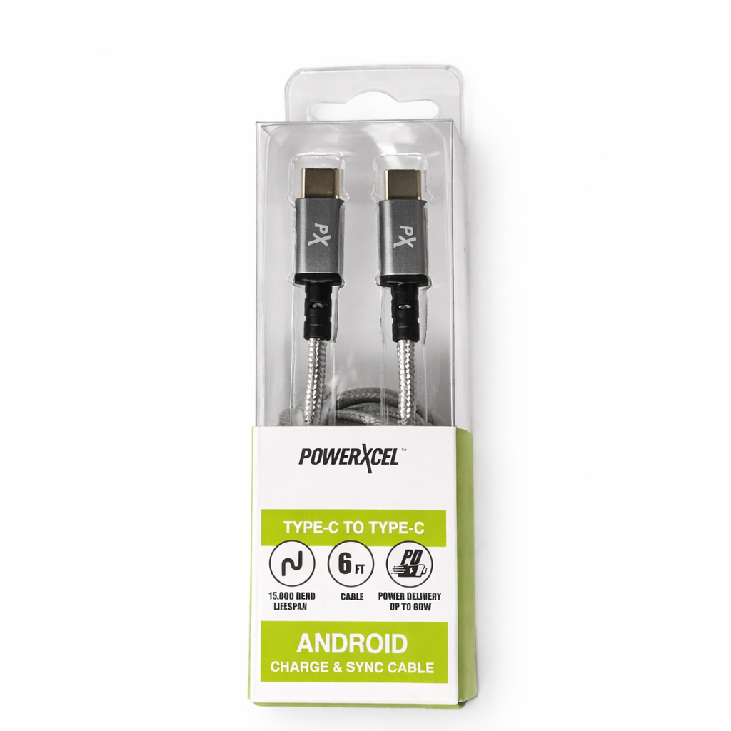 PowerXcel USB-C to USB-C PD Charging Cable, 6ft Nylon Braided, 60W Power Delivery, USB 2.0 (480 Mbps) Charge & Sync