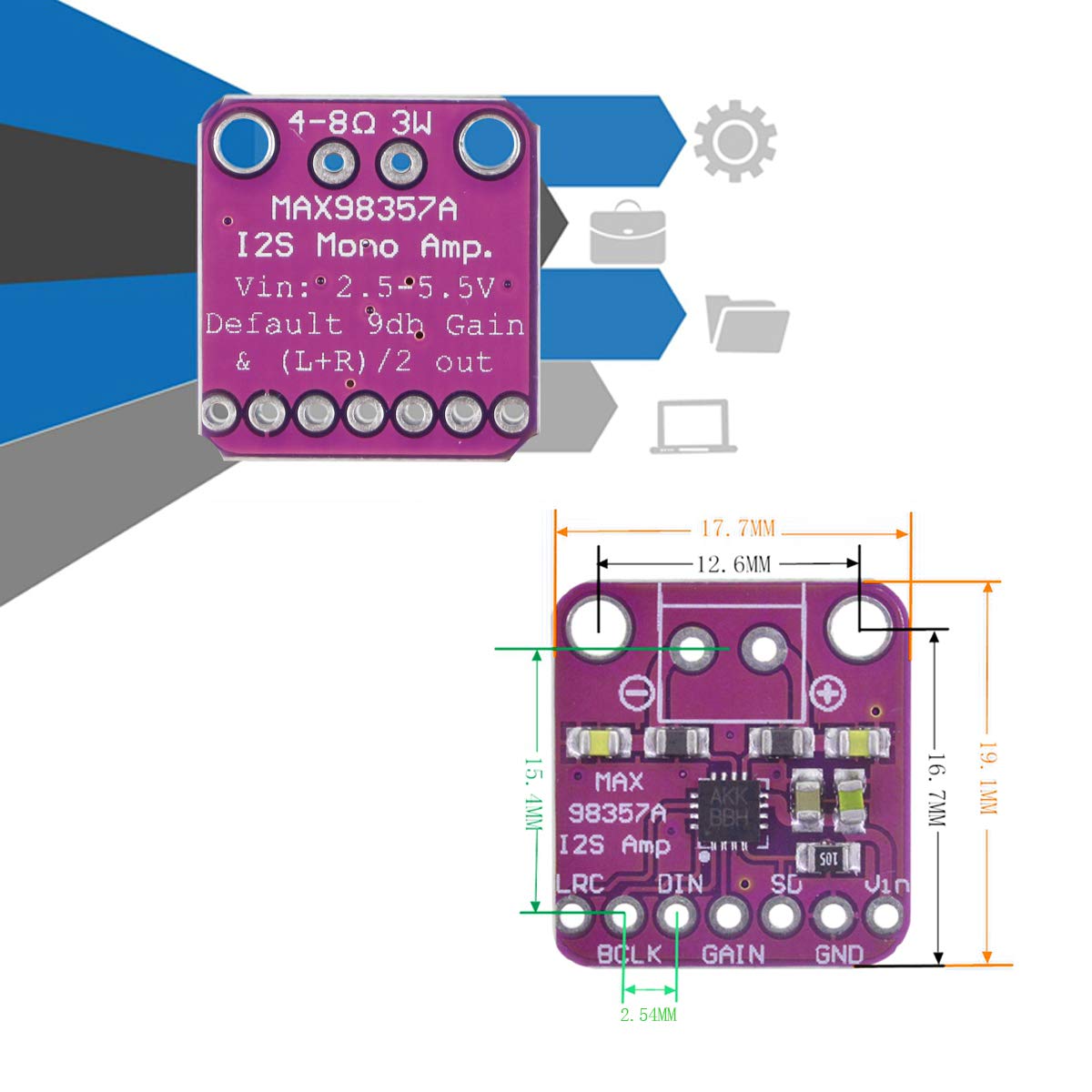 MAX98357 I2S Audio Amplifier Module, Audio Amplifiers Filterless Class D Amplifier, Supports ESP32 Raspberry Pi