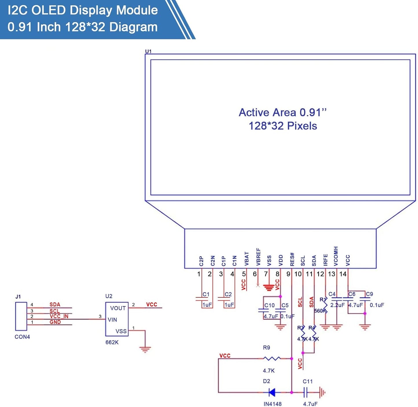 I2C Display Module 0.91 Inch I2C OLED Display Module I2C OLED Screen Driver DC 3.3V to 5V