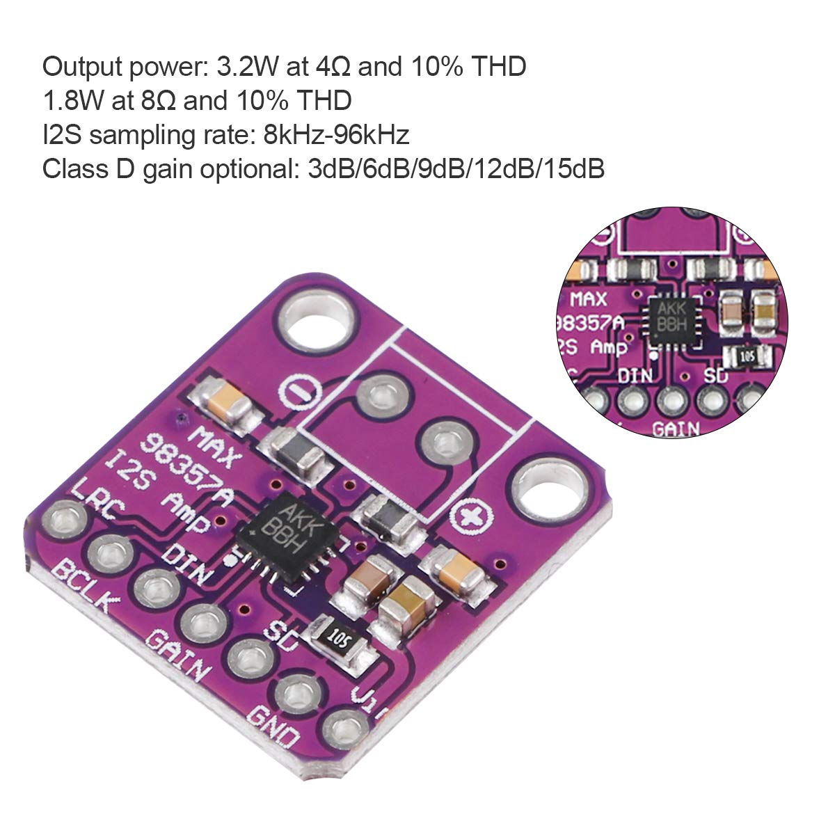 MAX98357 I2S Audio Amplifier Module, Audio Amplifiers Filterless Class D Amplifier, Supports ESP32 Raspberry Pi